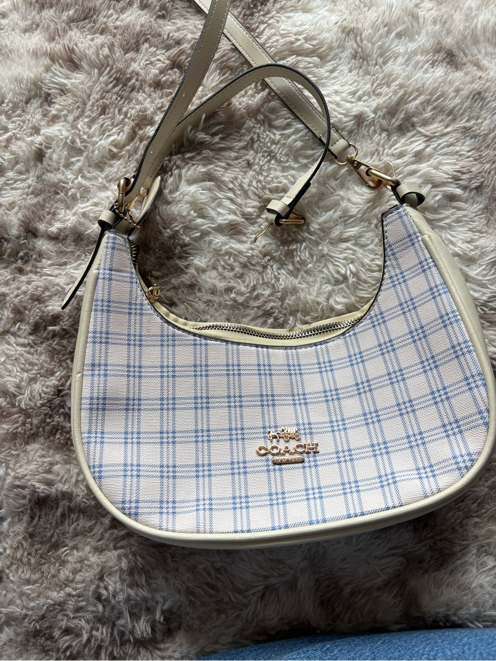 Coach Cream Shoulder Bag with Light Blue Plaid